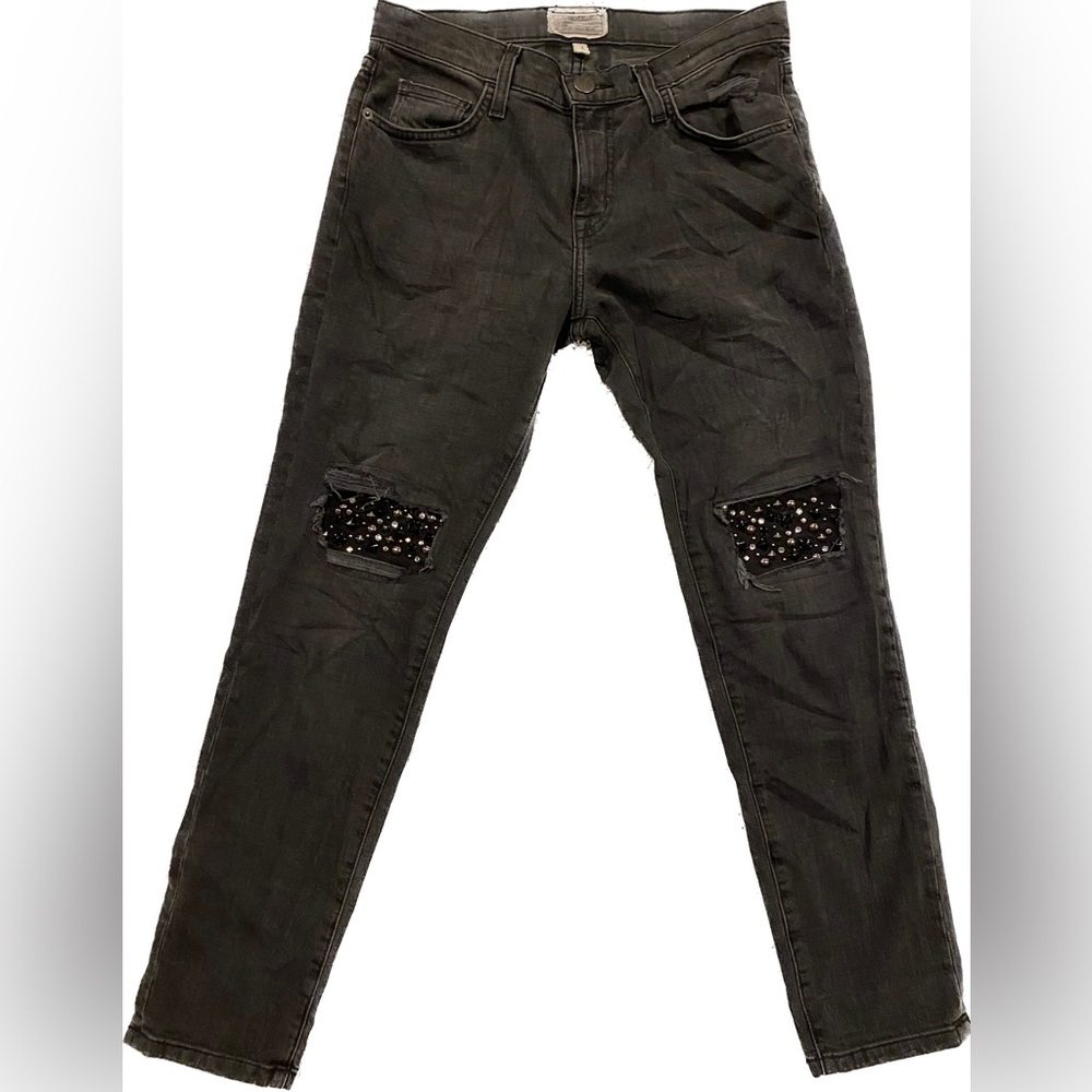Current/Elliot The Fling Cropped Embellished Black Slim Boyfriend Jeans Size 25